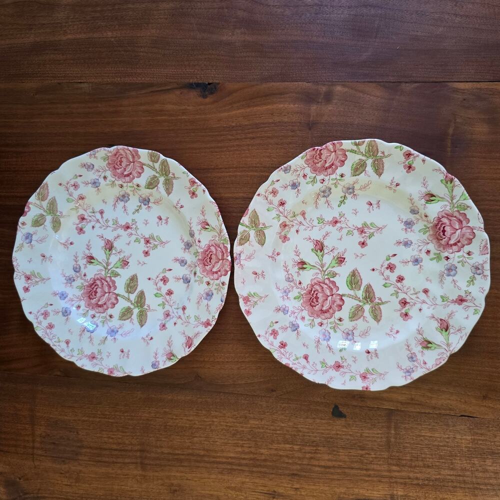 Vintage Johnson Brothers Rose Chintz Ironstone 2 Dinner Plates Cottagecore 1930s